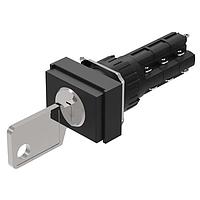 EAO 51-297.025D2 Keylock Switches Keylock switch 2 positions, 16mm cut-out, rectangular, black, IP65, Solder, 5A, 3NC + 3NO, Gold Contacts, 250 V AC, Rest-Maintained, with anti-twist ring and fixing nut