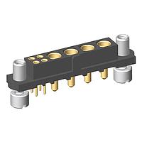Harwin M80-4T10405F9-04-321-00-000 Power to the Board Datamate 2-Row Mix-Tek Female Vertical Throughboard Connector, reverse fix with 5mm board mount jackscrews, 4 x 3mm Throughboard signal contacts, 4 x 3.5mm Throughboard Power contacts