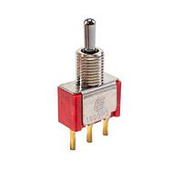 E-Switch 100SP3T2B3M2RE Toggle Switches TOGGLE, 0.4VA 20VAC/VDC, SPDT On-Off-On, Panel Mount PC Pin