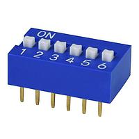 Same Sky (formerly CUI Devices) DS01C-254-L-06BE DIP Switches DIP Switch, SPST, 2.54 pitch, raised actuator, covex bottom, long pin, 6 position, Blue