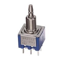 Nidec Components 8R2022-N-Z Sealed DPDT, ON-(ON), snap-action pushbutton, 1/4"-40 threaded bushing, straight PC terminals, 3A @ 125V AC