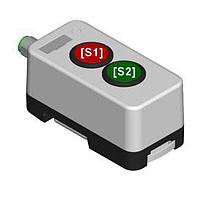 EAO 73-00001.2 Double Button Smart Box white with 2 x 84 Series switches and red and green lenses wired to M12 connector DIN rail mounted