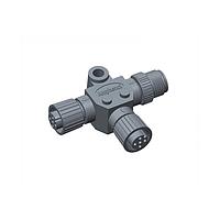 Amphenol LTW SS-050505-FFM-TS001 Circular Metric Connectors Circular Metric Connector, T Adaptor, Metal, A Coding, 4A, 05 pins, (End 1) Female Female, (End 2) Female Female, (End 3) Male Male, Screw Thread, IP68 Mated