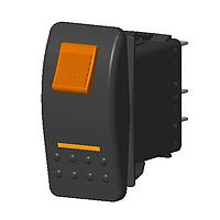 Carling Technologies V1D2HW6B-ADE00-0 Contura Sealed Rocker Switch 1-pole, ON - None - OFF, 20A 12VDC not HP rated, Illuminated, Sealed Locking, Contura II Rocker with Safety Orange lock, Amber Lens, and .250 Tab (Q.C.), 10 Terminal base