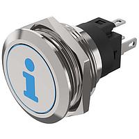 EAO 82-6151.1A24.B004 Anti-Vandal Illuminated pushbutton.momentary.22mm D-Shape.Stainless steel.Flush/flat.Illum symbol B004 Info blue.24V.Ag.Plug In