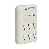 Tripp Lite SK60C Fixed Plugs Eaton Tripp Lite Series Protect It! 6-Outlet Surge Protector - 5-15R Outlets, USB-C and USB-A Ports, 5-15P Direct Plug-In, 1080 Joules, Gray