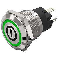 EAO 82-5151.2133.B001 Anti-Vandal 82-5151.2133.B001.Illuminated pushbutton.maintained.19 mm.stainless steel.flush/flat.ring.green.12 V.soldering terminal.On OFF