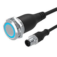 EAO 82-665A.2124 Anti-Vandal Illuminated pushbutton.maintained.22mm.stainless steel SUS 316L.flush/flat.ring illumination Tritan.blue 24VDC.Ag.Cable 200mm with M12 Connector