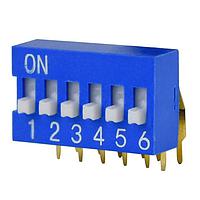 Same Sky (formerly CUI Devices) DS03-254-06BE DIP Switches DIP Switch, SPST, 2.54 pitch, Raised actuator, right angle, 6 position, Blue