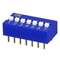 Same Sky (formerly CUI Devices) DS01C-254-L-07BE DIP Switches DIP Switch, SPST, 2.54 pitch, raised actuator, covex bottom, long pin, 7 position, Blue