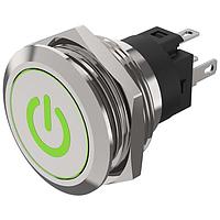 EAO 82-6151.1A34.B002 Anti-Vandal Illuminated pushbutton.momentary.22mm D-Shape.Stainless steel.Flush/flat.Illum symbol B002 Stand by green.24V.Ag.Plug In