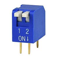 Same Sky (formerly CUI Devices) DS02-254-1L-02BE DIP Switches DIP Switch, SPST, 2.54 pitch, Raised actuator, flat bottom, long pin, 2 position, Blue