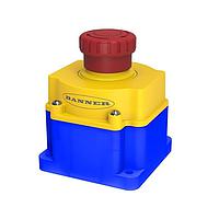 Banner Engineering SSA-EB1PLXRS1-12ED1Q8 Push Turn Emergency Stop: Flush Mount 40 mm Push Button; Environ. Rating: IP65; Lighted; Color: Red Solid/Flashing; 2 N.C. Safety Contacts; 1 N.O. aux. Contacts; 8-pin M12 QD; ESC-1-YW Button Shroud Installed