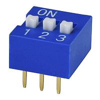 Same Sky (formerly CUI Devices) DS01-254-S-03BE DIP Switches DIP Switch, SPST, 2.54 pitch, raised actuator, flat bottom, Short pin, 3 position, Blue