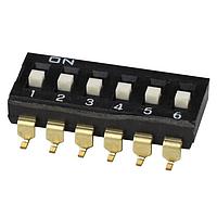 Same Sky (formerly CUI Devices) DS04-254-2-06BK-SMT DIP Switches DIP Switch, SPST, 2.54 pitch, flat actuator, SMT, 6 position, Black