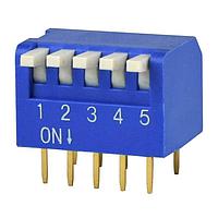 Same Sky (formerly CUI Devices) DS02C-254-1L-05BE DIP Switches DIP Switch, SPST, 2.54 pitch, Raised actuator, convex bottom, long pin, 5 position, Blue