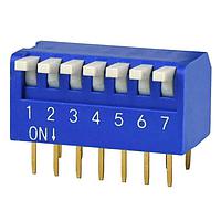Same Sky (formerly CUI Devices) DS02C-254-1L-07BE DIP Switches DIP Switch, SPST, 2.54 pitch, Raised actuator, convex bottom, long pin, 7 position, Blue