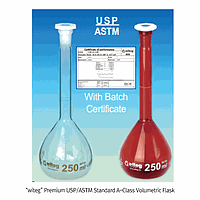 WITEG WI.3670100PUSP Vol.Flask, USP, with PE Stopper, Amber, White-scale, 1000㎖,±0.30㎖, 24/29