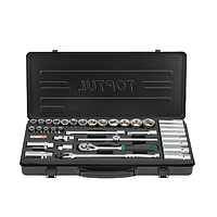 TOPTUL GBB3514 Dr. Socket Set Satin Chrome/ Stamping/ Metal Box (3/8", 35 PCS, Black)